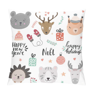 Personality  Woodland Animals Vector Illustration. Set Of Christmas And Winter Holidays Lettering And Design Elements And Cute Animals Pillow Covers