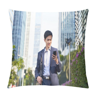 Personality  Young Asian Businessman Looking At Messages On Cellphone While Walking In The Street In Downtown Of Modern City Pillow Covers