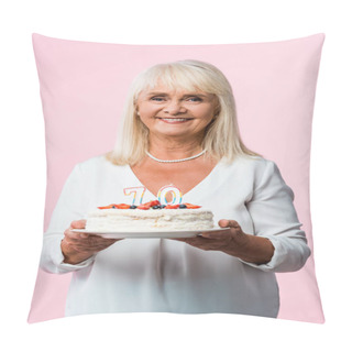 Personality  Happy Senior Woman With Grey Hair Holding Tasty Birthday Cake Isolated On Pink  Pillow Covers