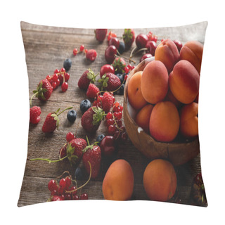 Personality  Ripe Delicious Seasonal Berries Scattered Around Bowl With Fresh Apricots On Wooden Table  Pillow Covers