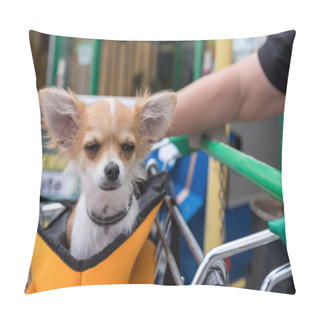 Personality  Chihuahua Sits Tired In A Holder In A Shopping Cart - Closeup Pillow Covers