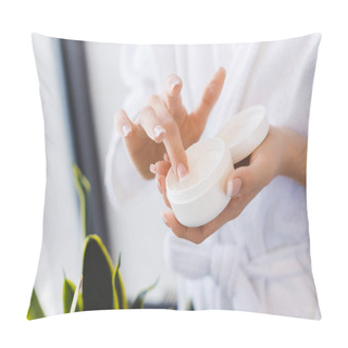 Personality  Partial View Of Woman Holding Face Cream In Hands Pillow Covers