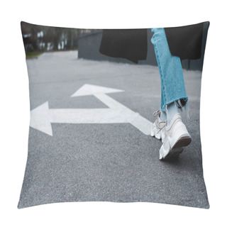 Personality  Cropped View Of Woman In Jeans Walking Near Directional Arrows On Asphalt  Pillow Covers