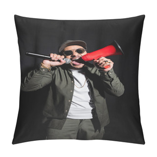 Personality  Emotional Indian Hip Hop Performer In Sunglasses And Cap Screaming In Microphone And Loudspeaker On Black Pillow Covers