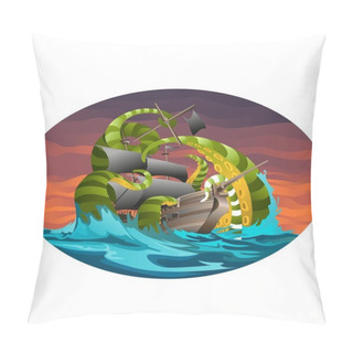 Personality  Oval Poster With Sea Ship Captured By Octopus Tentacles. Vector Cartoon Close-up Illustration. Pillow Covers