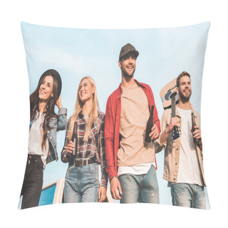 Personality  Bottom View Of Group Of Happy Young People With Beer Bottles And Guitar Walking By Field Pillow Covers