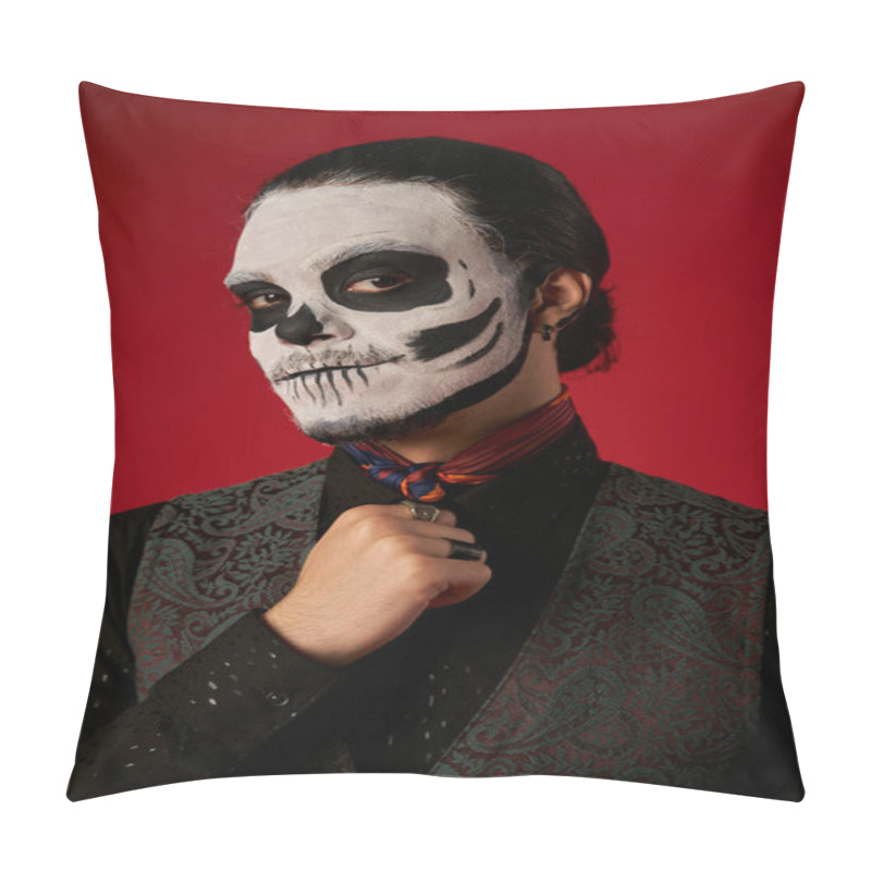 Personality  Portrait Of Man In Catrina Makeup And Stylish Attire Looking At Camera On Red, Ria De Los Muertos Pillow Covers