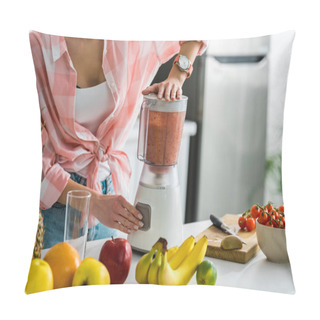 Personality  Cropped View Of Woman Preparing Delicious Smoothie In Blender  Pillow Covers
