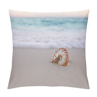 Personality  Nautilus Sea Shell On Golden Sand Beach With Waves In  Soft Sunrise Ight Pillow Covers