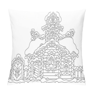 Personality  Traditional Country Wooden House With Carved Decorations Covered With Snow On Christmas, Black And White Vector Cartoon Illustration For A Coloring Book Page Pillow Covers