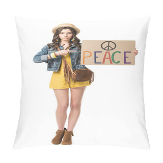 Personality  Full Length View Of Hippie Girl In Straw Hat Pointing With Finger At Placard With Inscription Isolated On White Pillow Covers