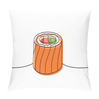 Personality  Philadelphia Sushi Roll One Line Colored Continuous Drawing. Japanese Cuisine, Traditional Food Continuous One Line Illustration. Vector Linear Illustration. Isolated On White Background Pillow Covers