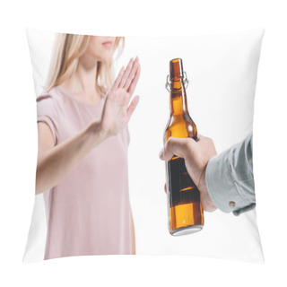 Personality  Cropped Image Of Blonde Woman Rejecting Bottle Of Unhealthy Beer Isolated On White Pillow Covers