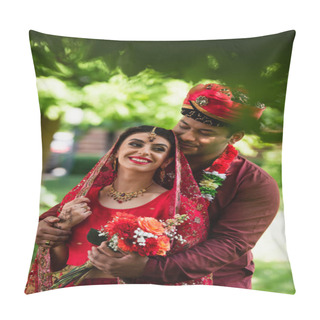 Personality  Happy Indian Man Hugging Cheerful Bride In Headscarf And Sari Outdoors Pillow Covers