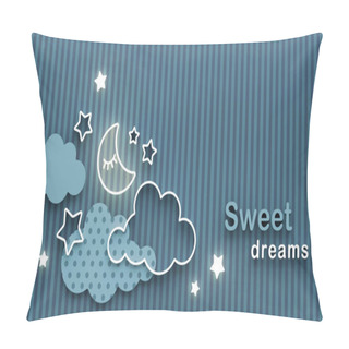 Personality  Cartoon Sleeping Moon, Clouds And Stars In The Night Sky. Wishing Good Night And Sweet Dreams. Greeting Card With Copy Space. 3D Render. Pillow Covers