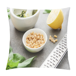 Personality  Close Up View Of Pesto Sauce Raw Ingredients And Cooking Utensils On Grey Surface Pillow Covers