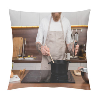 Personality  Cropped View Of Bearded Man Cooking In Pot Near Salad On Worktop In Kitchen  Pillow Covers