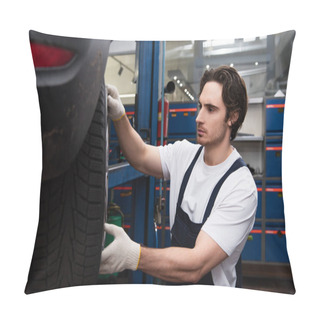 Personality  Young Mechanic Working With Wheel Disk And Car In Garage  Pillow Covers