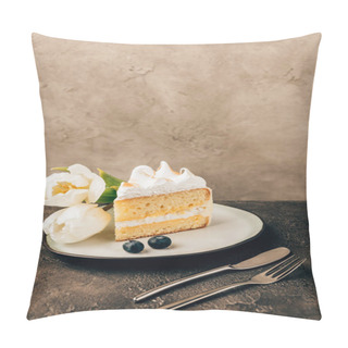 Personality  Delicious Piece Of Cake With Whipped Cream, Fresh Blueberries And Tulips On Plate Pillow Covers
