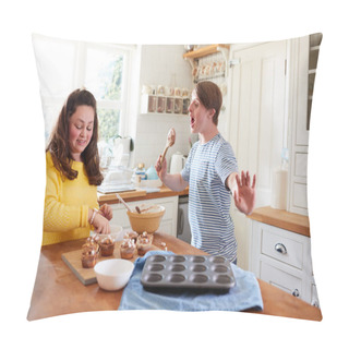 Personality  Young Downs Syndrome Couple Decorating Homemade Cupcakes With Marshmallows In Kitchen At Home Pillow Covers