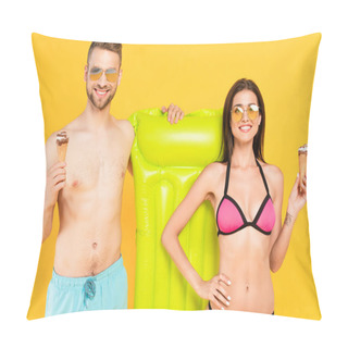 Personality  Happy Muscular Man And Cheerful Girl In Swimwear And Sunglasses Holding Ice Cream While Standing Near Inflatable Mattress Isolated On Yellow  Pillow Covers