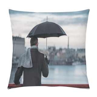 Personality  Back View Of Lonely Man With Umbrella Standing On Bridge Pillow Covers