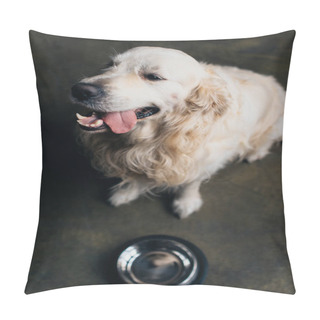 Personality  Adorable Golden Retriever Dog Sticking Tongue Out Near Metal Bowl At Home Pillow Covers
