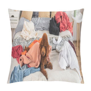 Personality  Brown Poodle Lying On Messy Bed Around Clothes, Banner Pillow Covers