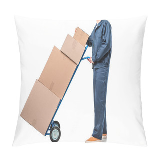 Personality  Cropped View Of Mover In Uniform Transporting Cardboard Boxes On Hand Truck Isolated On White Pillow Covers