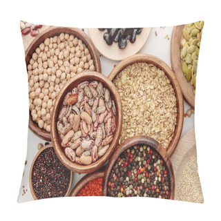 Personality  Top View Of Wooden Bowls With Diverse Beans, Peppercorns, Pumpkin Seeds, Oatmeal, Quinoa And Chickpea On White Marble Surface With Scattered Grains Pillow Covers