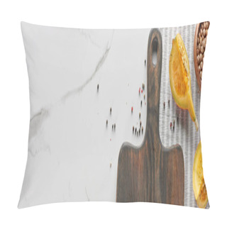 Personality  Panoramic Shot Of Wooden Cutting Board With Pumpkin, Chickpea And Pepper On Marble Surface Pillow Covers