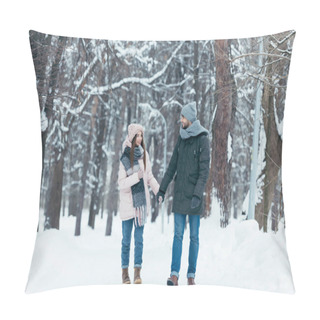 Personality  Young Smiling Couple Holding Hands And Walking In Winter Park Pillow Covers