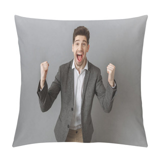 Personality  Portrait Of Excited Businessman Gesturing And Looking At Camera Against Grey Wall Background Pillow Covers