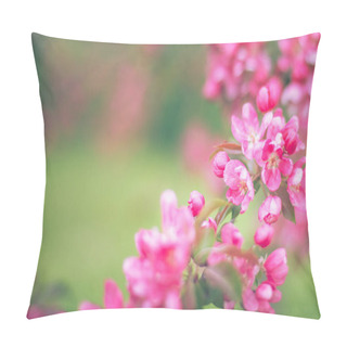 Personality  Branches With Pink Flowers On Blurred Green Background Pillow Covers