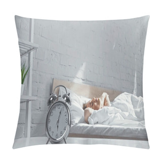 Personality  Retro Alarm Clock Near Sleepy Woman Lying On Bed In Morning  Pillow Covers