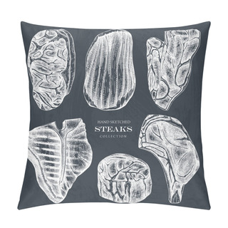 Personality  Raw Meat Top View Sketches Collection. Vector Illustrations Of F Pillow Covers