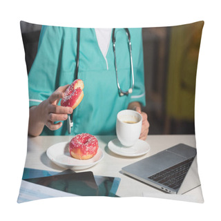 Personality  Cropped View Of Of Nurse In Uniform Holding Donut And Cup During Night Shift Pillow Covers