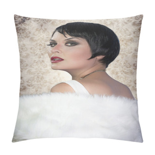 Personality  Gourgeos Female Brunette Flapper Wearing Pearls And Fur, Old Hol Pillow Covers