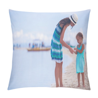 Personality  Little Girl And Young Mother On Tropical Beach Pillow Covers