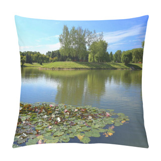 Personality  City Public Park Pond In Summer. Scenic View Of Park Pond With Water Lilies. Pillow Covers