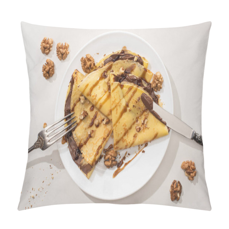 Personality  Top View Of Tasty Crepes With Chocolate Spread And Walnuts On Plate With Cutlery On Grey Background Pillow Covers