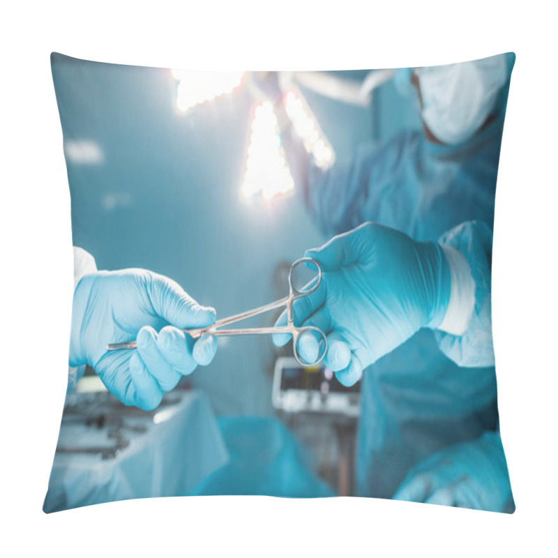 Personality  Cropped Image Of Nurse Passing Medical Scissors To Surgeon  Pillow Covers