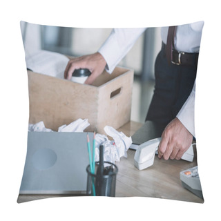 Personality  Cropped View Of Man Holding Paper Cup Near Wooden Box And Crumpled Paper Balls On Table  Pillow Covers