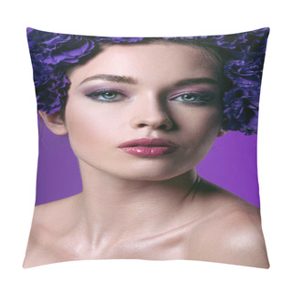 Personality  Close-up Portrait Of Beautiful Young Woman With Eustoma Flowers Wreath On Head Looking At Camera Isolated On Purple Pillow Covers
