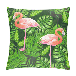 Personality  Seamless Watercolor Pattern Design With Flamingo Birds And Tropical Leaves. Pillow Covers
