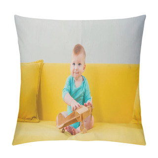 Personality  Happy Infant Boy Sitting On Sofa And Playing With Wooden Biplane Pillow Covers