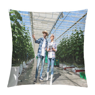 Personality  Full Length View Of Farmer Pointing With Hand At Plants Near African American Colleague With Digital Tablet Pillow Covers