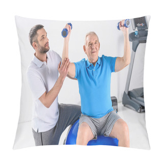 Personality  Rehabilitation Therapist Assisting Senior Man Exercising With Dumbbells On Fitness Ball On Grey Backdrop Pillow Covers