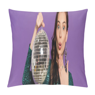Personality  Panoramic Concept Of Surprised Young Woman Holding Disco Ball Isolated On Purple  Pillow Covers