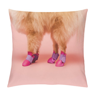 Personality  Cropped View Of Pomeranian Spitz Standing In Dog Shoes On Pink Pillow Covers